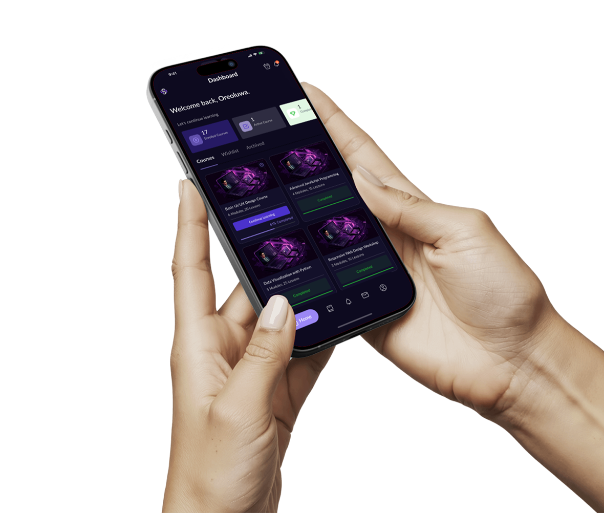 Hands holding a phone that displays the Skila learning dashboard